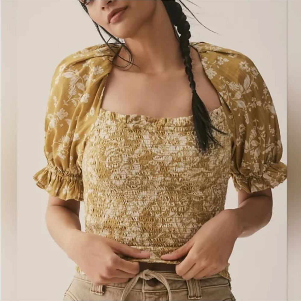 Anthropologie Mustard Floral Smocked Square-Neck Puff Sleeve Top